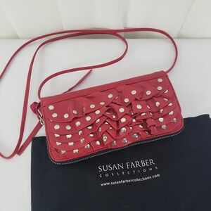 Susan Farber Collections red leather studded crossbody bag ruffled zipper